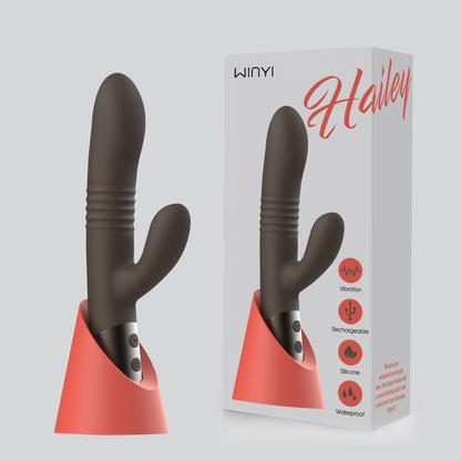 Hailey-New Double Head Retractable Rabbit Vibrator (Chocolate)