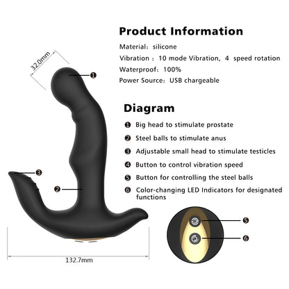 CHARLES-Silicone 10 Stimulation Patterns Vibrating Prostate Massager with Rotating Beads for Male